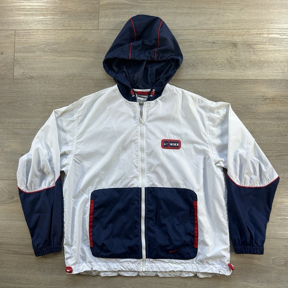 VTG Nike Medium(8-10) Windbreaker Jacket White Navy Red Hooded Zip Up Y2K